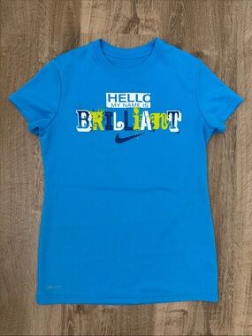 Nike Girl’s Blue 'Hello My Name Is Brilliant' Short Sleeve Dri Fit Graphic Tee